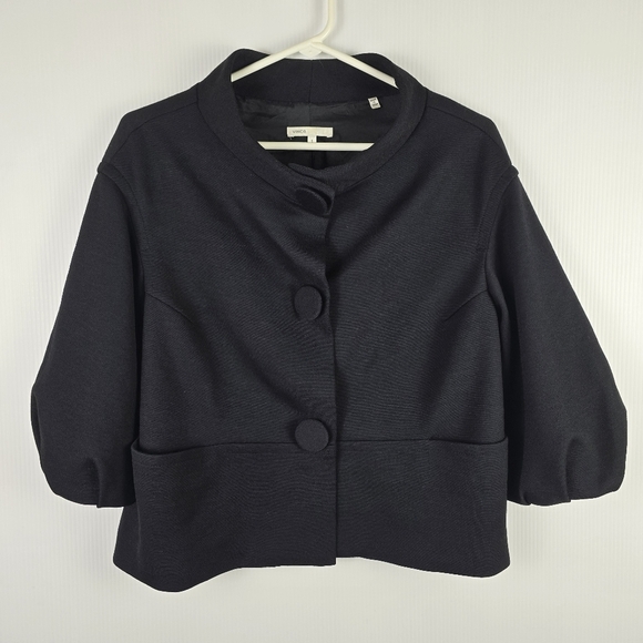 Vince Womens Black Cropped JacketSmall Button DetailRuched Sleeve Stand UpCollar - Picture 1 of 15